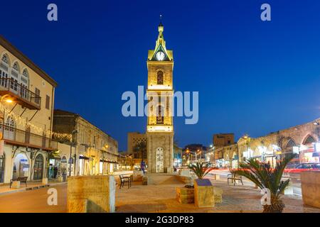 Tel Aviv Jaffa Israel der Uhrenturm blaue Stunde Nacht Stadt Dämmerung Stockfoto