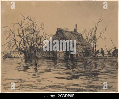 Überfluteter Bauernhof in Neder-Asselt (Land van Maas und Waal). . Stockfoto