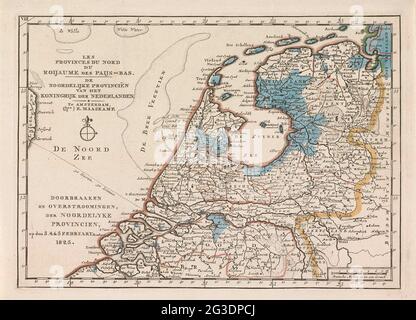 Karte des Gebiets im Norden der Niederlande, das 1825 von Überschwemmungen heimgesucht wurde; Les Provinces du Nord du Roijaume des Paijs-Bas / die nördlichen Provinzen des Königreichs der Niederlande / Durchbrüche und Überschwemmungen, der Moordelyke Provincien, am 3.4. & 5. Februar 1825; fünf Karten der Gebiete, die 1825 von Überschwemmungen betroffen waren. Karte des Gebiets um die Zuiderzee und im Norden der Niederlande, das von den Überschwemmungen im Februar 1825 getroffen wurde. Die überfluteten Gebiete sind blau gefärbt. Teil einer Serie von fünf Karten der betroffenen Gebiete. Stockfoto