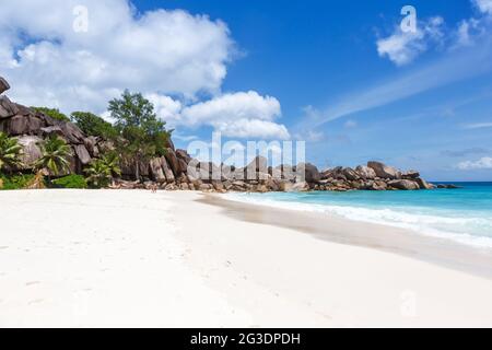 Seychellen Grand Anse Beach auf La Digue Insel Urlaub Reisen Tourismus Stockfoto