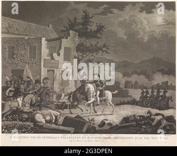 Treffen zwischen Wellington und Blücher nach der Schlacht von Waterloo, 1815; Treffen der Generäle Wellington und Blucher, nach der fertigen Schlacht von Waterloo. In De Hoeve; La Belle Alliance; erste Serie von vier Platten der Schlachten in Quatre-Bras und Waterloo. Treffen der obersten Kommandeure, des Herzogs von Wellington und des Frost Blücher, nach der Schlacht von Waterloo am 18. Juni 1815 für die La Belle Alliance Farm. Linke Preußische Hussaren. Stockfoto