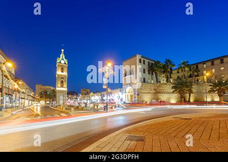 Tel Aviv Jaffa Israel der Uhrenturm blaue Stunde Nacht Stadt Dämmerung Stockfoto