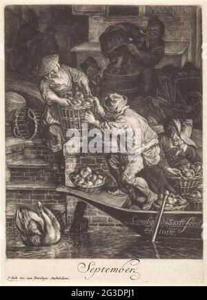 September; die zwölf Monate des Jahres, 'Les XII Mois de l'Année'. Obsthändler laden verschiedene Obstsorten in ihr Boot. Von der Seite gibt eine Frau einen großen Korb mit Äpfeln. Ein Schwan schwimmend neben dem Boot. Der Druck ist Teil einer Serie von zwölf Drucken mit den zwölf Monaten des Jahres. Stockfoto