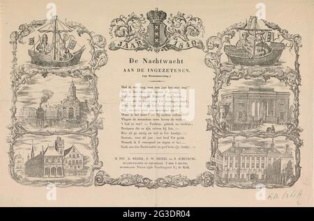 Neujahrswunsch der Amsterdamer Nachtwache für das Jahr 1849; die Nachtwache für die Bewohner. Neujahrswünsche der Amsterdamer Nachtuhr (Rattelwacht) für das Jahr 1849. Zentral ein Gedicht, auf beiden Seiten zweimal der Amsterdamer Koggeschip und vier Gesichter auf alten und neuen Gebäuden: Altes und neues Haarlemmerpoort, altes und neues Rathaus. Im Namen der Nachtwache des 9. Quartals der 2. Sektion: H. Pot, G. Meijer, F.W. Netzel und N. Schuuring. Stockfoto