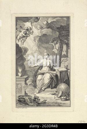 Allegorische Performance mit einer Frauenfigur in einer Landschaft. Mit einem Baum steht eine allegorische Frauenfigur, über ihrem Kopf brennt eine Flamme, Symbol des Glaubens. Sie blickt auf zwei Putti, die ihr einen Palmenzweig und einen Lorbeerkranz legen. Auf dem Tisch neben ihr ist eine Sanduhr. Rechts im Vordergrund Symbole, die sich auf weltliche Macht beziehen. Auf einem Altar ein brennendes Herz mit einem Auge hinterlassen. Und am Fuße des Altars Attribute zu opfern. Stockfoto