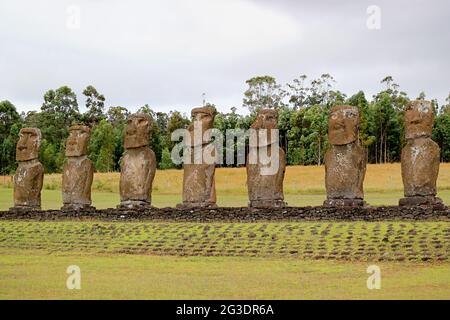 AHU Akivi Feierliche Plattform, die die Gruppe der Moai Statuen Blick auf den Pazifischen Ozean, Osterinsel, Chile, Südamerika Stockfoto