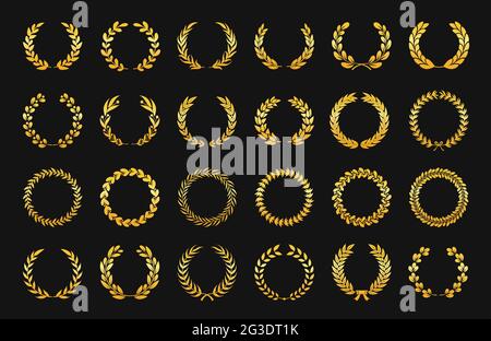 Goldener Lorbeerkranz. Antike Gold olivgrünen Zweig Embleme, Blatt Ornament Sieg Logos. Vektorset für Kinofestival-Filmgewinnerpreis. Edles Dekorationslabel für Champion im Wettbewerb Stock Vektor