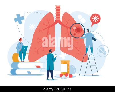 Pulmonologie. Ärzte untersuchen Lungen. Tuberkulose, Lungenentzündung, Behandlung von Lungenkrebs oder Diagnose. Vektor-Konzept für die Lungenversorgung. Untersuchung von menschlichen Organen, klinische Diagnostik oder Kontrolle Stock Vektor