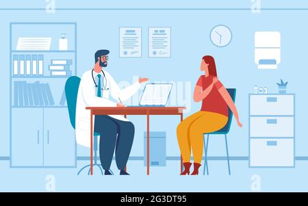 Arztbefragung. Arzt, der den Patienten im Büro konsultiert oder diagnostiziert. Frau beim Arzt Arzttermin im Krankenhaus Vektor-Illustration. Frau mit Schmerzen in der Schulter, Treffen in der Klinik Stock Vektor