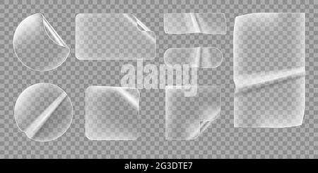 Transparente Aufkleber. Klare, zerknitterte Etiketten, klebrige Banner mit gewellten Ecken oder gefalteten Kanten. Realistische Aufkleber Vektor-Schablone von unterschiedlicher Form als Quadrat, Rechteck, Kreis Stock Vektor