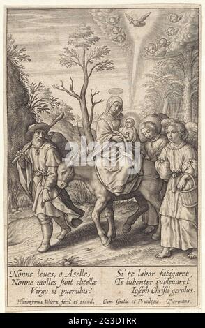 Flucht nach Ägypten; Leben der Jungfrau Maria; Vita Deiparæ Virginis Mariæ. Maria reitet mit dem Christkind in den Armen auf dem Esel. Joseph führt das Tier in die Zügel. Sie werden von zwei Engeln begleitet, die das Gepäck tragen. In der Luft die Taube des Heiligen Geistes, umgeben von Cheruben. Am Rand eine sechszeilige Beschriftung, in zwei Spalten, in Latein. Stockfoto