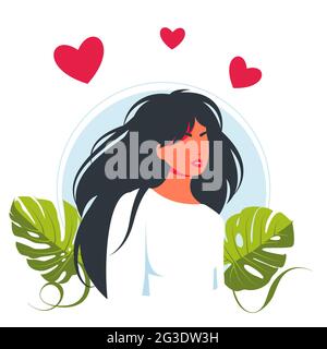 Junge schöne Frau in der Liebe, Herzen Overhead.positive Dame zum Ausdruck bringen Selbstliebe und Fürsorge. Vektor-Illustration für Love Yourself, body positive, conf Stockfoto