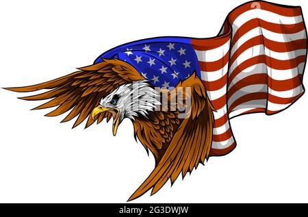 Erhabung amerikanischer Adler gegen US-Flagge und weißen Hintergrund. Stock Vektor