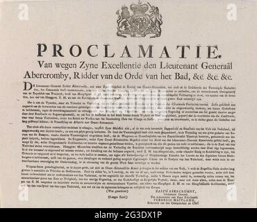 Proklamation von General Abercromby an die niederländischen Einwohner, 1799; Proklamation. Van Roegen Zyne Exzellenz Generalleutnant Abercromy, Ritter des Baderordens (...). Textblatt mit einer Proklamation des britischen Generals Ralph Abercromy an die niederländischen Einwohner, bei der Landung britischer Truppen in den Niederlanden (27. August 1799). Unten die Namen von General Abercromy und seinem Sekretär Frederic Maitland. An der Spitze der britischen Waffe. Stockfoto