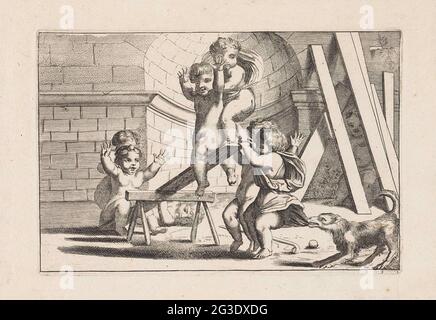 Putti auf einer Wippe spielen; Putti spielen. Putti spielen auf einer Wippe. Rechts zieht ein Hund die Kleidung eines von ihnen an. Im Hintergrund eine Wand mit einer Nische. Rechts verbirgt sich hinter ein paar Regalen ein Putto. Stockfoto