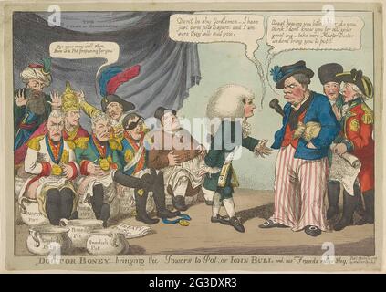 Doktor Napoleon bringt europäische Fürsten auf den Topf, 1808; Doktor Boney - bringt die Macht zu Pot, oder Iohn Bull und seine Freunde eher schüchtern. Napoleon als Arzt mit einer großen Perücke auf dem Kopf hat eine Gruppe europäischer Fürsten auf eine PO gesetzt. Er lädt John Bull (Großbritannien), Schweden (Gustaaf IV Adolf) und Brasilien (Johan VI, König von Portugal und Prinz von Brasilien) ein, nicht schüchtern zu sein und auch am POS zu stattfinden. Am PoS mit der Hose um die Knie, Al Zar Alexander I., Frederik Willem III. Von Preußen, Keizer Frans II., Papst Pius VII., der spanische König Karl IV. Und ein fetter Holländer. Sultan Mustafa IV Stockfoto