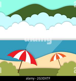 Hallo Sommer Strand Papier geschnitten Hintergrund Vektor, Meerblick Regenschirm Papier Handwerk Stil für Vorlage Stock Vektor