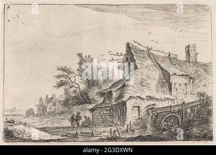 Blick auf das Dorf mit einer Wassermühle; Landschaften mit Gebäuden. Einige Häuser liegen in einer Landschaft. Rechts ist ein Haus mit Reetdach und einer Wassermühle. Einige Figuren sind an der Vorderseite des Hauses zu sehen. Stockfoto
