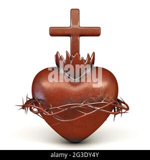Ein dramatisch hinterleuchteter Eisenguss des heiligen Herzens jesu, rot auf einem isolierten Hintergrund gemalt - 3D-Rendering Stockfoto