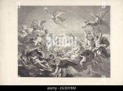 Phaeton und Apollo; Les Peintures de Charles Le Brun et d'Eustache le Sumer qui sont dance (...) La Maison du Président Lambert. Phaëthon bittet den Sonnengott Apollo, einen Tag im Solarauto fahren zu dürfen. Apollo spreizt seine Hände über den Kopf seines Sohnes. Links halten Männer die Pferde vor das Solarauto. Aurora, die Göttin der Morgendämmerung, fliegt mitten in ihrer Fackel. Recht Vater Zeit mit seinem zeis, Ceres mit Ähren von Mais, und die Stunden mit Blumen in den Händen. Unten links von den vier Winden. Zum Gemälde in der Chambre des Muses am Hôtel Lambert. Drucken ist Teil von Stockfoto