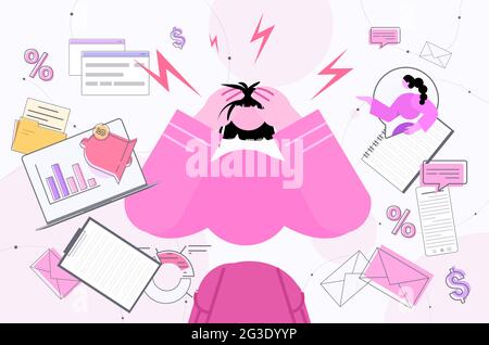 Multitasking müde Geschäftsfrau beschäftigt überarbeiteten Geschäftsfrau Wut Aggression Stress Depression nervös Stock Vektor