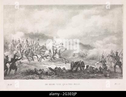 Prinz von Orange führt die holländischen Truppen in Quatre-Bras, 1815; der Held von Quatre-Bras. Willem Frederik George, Prinz von Oranien, führt den Angriff der niederländischen Truppen auf die Franzosen in der Schlacht von Quatre-Bras am 16. Juni 1815 an. Unterschrift „d l“ IV/BL. 21 '. Stockfoto