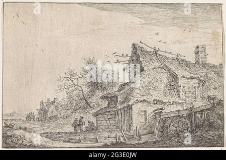 Blick auf das Dorf mit einer Wassermühle; Landschaften mit Gebäuden. Einige Häuser liegen in einer Landschaft. Rechts ist ein Haus mit Reetdach und einer Wassermühle. Einige Figuren sind an der Vorderseite des Hauses zu sehen. Stockfoto