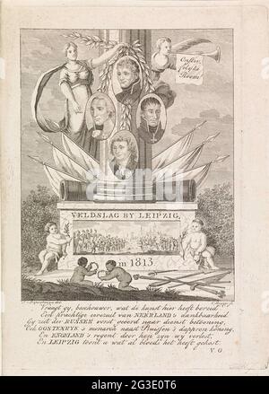 Allegorie auf die Schlacht bei Leipzig, 1813; Biklag bei Leipzig, 1813. Allegorie auf die Schlacht bei Leipzig oder Volkeerslag am 16-19. Oktober 1813 zwischen den Koalitionsarmeen Russlands, Preußens, Österreichs und Schwedens und der französischen Armee Napoleons. Monumentale Säule mit Waffen, Bild der Schlacht, Medaillons mit Porträts der Siegesfürsten, Sieg und Ruhm. Mit sechs. Stockfoto