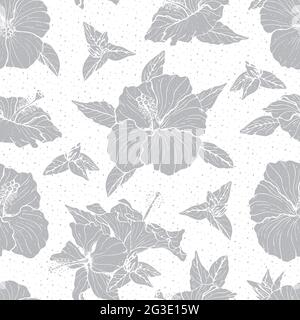 Nahtloses Muster mit Linien-Art-blauen und gelben Hibiskusblüten, Knospen und Blättern, mit weißem Umriss. Stock Vektor