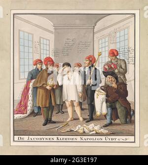 Napoleon gekleidet von den Jakobinern, 1815; die Jacobijnen Duds Napolion. Interieur, in dem Napoleon bis zum Hemd gekleidet ist. Er ist von sechs Männern mit Jacobijn-Hüten umgeben, darunter die Minister Fouché und Caulaincourt. Auf der rechten Seite Messer ein Jude in die Kleider des Imperators. Karikatur auf Napoleon bei seiner Rückkehr nach Paris nach dem verlorenen Schlag bei Waterloo am 18. Juni 1815. Stockfoto