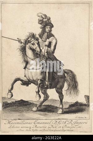 Reiterporträt von Maximilian II. Emanuel, Keurvorst van Bavaria. Porträt von Maximilian II. Emanuel, Keurvorst van Bavaria, zu Pferd mit einem Schwert in der Hand. Am unteren Rand des Namens und der Position des Randes in lateinischer Sprache. Stockfoto