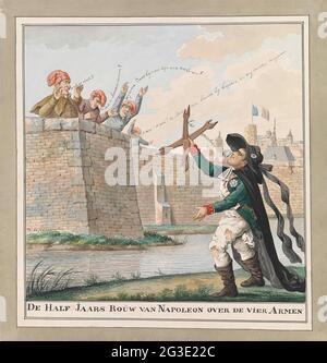 Rückkehr Napoleons in Paris nach Waterloo, 1815; die halbjährliche Trauer Napoleons über die vier Arme. Karikatur zur Rückkehr Napoleons in Paris nach dem verlorenen Schlag bei Waterloo, 20. Juni 1815. Napoleon in einer zerschlagenen Uniform und lamperhut (Hut mit schwerem Lamm) und Mantelmant und Crosswood (Les Quatre-BHs) in der Hand, vor der Stadtmauer von Paris stehend. An der Stadtmauer sind vier Franzosen mit Jacobijn-Hüten, die sich nach links freuen, übrig geblieben. Stockfoto