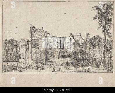 Gesichtsschloss birkenrot. Schauschleuse Berkenrode, in der Nähe von Haarlem. Im Vordergrund führen zwei Frauen ein Gespräch und rechts ist ein Mann, bei dem zwei Hunde ausgehen. Stockfoto