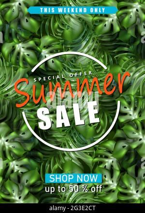 3d realistische Vektor Sommer Verkauf Banner-Vorlage mit exotischen Palmblättern. Stock Vektor