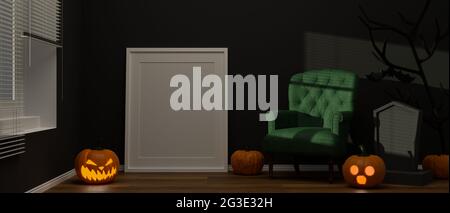 Wohnzimmer mit Mock-up-Rahmen und gruselige Sachen in halloween-Konzept, 3D-Rendering, 3D-Illustration dekoriert Stockfoto