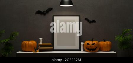 Halloween-Dekorationen mit imitiertem Rahmen, Kürbislampe und gruseligen Sachen, die im Zimmer dekoriert sind, 3D-Rendering, 3D-Illustration Stockfoto