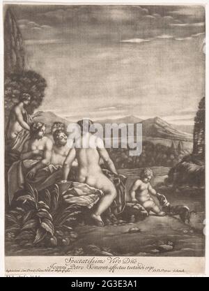 Baden Nymphen; Spectatissimo viro dno. Blick auf eine abfallende Landschaft mit einigen Nymphen im Vordergrund, die ein Bad nehmen. Es gibt einen Putto, einen Hund mit den Nymphen. Stockfoto