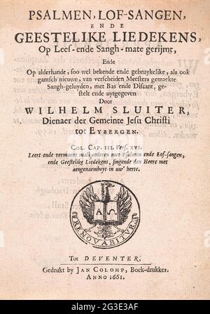 Titelseite für: Willem Sluiter, Psalmen, Loof-Sangen, Ende Geestelike Liedekens, 1661. Titelseite für: Willem Sluiter, Psalmen, Loof-Sangen, Ende Geestelike Liedekens, 1661. Mit einer Vignette, auf der ein Adler mit offener Bibel und den Symbolen von Alpha und Omega. Stockfoto