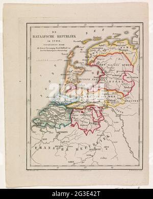 Karte der Batavianischen Republik, 1798; die Bataviäre Republik im Jahr 1798. Karte der Batawischen Republik, wie sie 8 in 1798 Abteilungen aufgeteilt wurde. Stockfoto