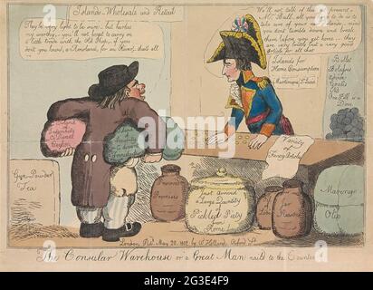 Politischer Catoon satirizing den Vertrag von Amiens von 1802. Englischer Cartoon über die Bedingungen des Friedens von Amiens, in dem Großbritannien die Inseln Ceylon und Trinidad erwirbt. John Bull (England) kauft die beiden Inseln in einem Geschäft des Ladenbesitzers (Napoleon), das er unter die Arme packte. Die Inseln Martinique (Sint-Maarten) und Saint Lucia sind noch im Laden erhältlich. Stockfoto