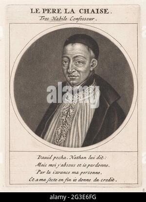 Porträt von François de la Chaise; Le Pere La Chaise, Tres Habile Confesur; Cartrents bei Louis XIV und seine Folgen; Les Héros de la Ligue Ou La Procession Monacle, Conduite Par Louis XIV Pour La Conversion des Protestant de Son Royaume. Karikatur zum französischen Geistlichen und Beichtvater von Ludwig XIV., François de la Chaise. Der Druck ist Teil einer Serie von Cartoons bei Ludwig XIV. Und dessen Wirkung. Stockfoto