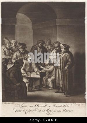 Zwölfjähriger Christus im Tempel; Apres un dessen de Rembrandt / Dans Le Cabinet de Mons. G: Van Rossum. Der zwölfjährige Christus steht zwischen Gelehrten im Tempel und stellt ihnen Fragen. Stockfoto