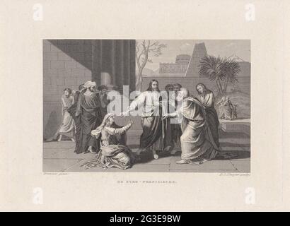 Christus mit der syroro-phenicischen Frau; die syro-phenicische Frau. Auf einem Quadrat streckt Christus seine Hand an eine kniete Frau, die ihre Tochter bittet, ihn zu heilen. Ein Mann nähert sich ihm von der anderen Seite. Gruppen von Menschen beobachten um sie herum. Illustration von Marcus 7:26. Stockfoto