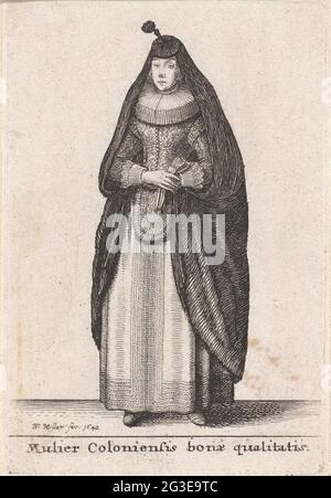 Mulier Coloniensis Bonae Qualitatis; Theatrum Mechanic; Europäische Frauen in traditioneller Tracht. Eine Keulse-Frau im Stand, gekleidet in eine Kapuze, die aus einem Umhang besteht, an einem runden Hut mit einem Schlagstock mit Feder befestigt. Unter der Kapuze ein Mieder mit knöchellangen Rock. Das Oberteil hat einen langen Schoß und Ärmel mit Manschetten von der Seite, oben ein breites Klappauto. Handschuhe in der Hand. Stockfoto