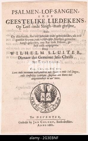 Titelseite für: Willem Sluiter, Psalmen, Loof-Sangen, Ende Geestelike Liedekens, 1661. Titelseite für: Willem Sluiter, Psalmen, Loof-Sangen, Ende Geestelike Liedekens, 1661. Mit einer Vignette, auf der ein Adler mit offener Bibel und den Symbolen von Alpha und Omega. Stockfoto