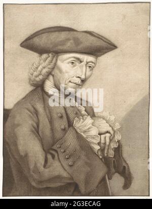 Porträt von Hendrik Spilman. Der Druckkünstler, Zeichner und Maler Hendrik Spilman. Er ließ seine Hände übereinander auf seinem Gehstock ruhen. Stockfoto