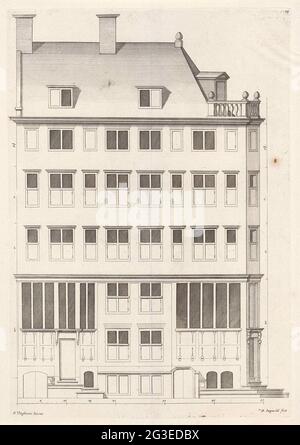 Fassade eines Hauses in Amsterdam. Fassade entlang des Gezeitenkanals (E), jetzt Prins Hendrikkade, erbaut im Auftrag von Maarten Fransz. Van der Schilde in den Jahren 1649-1650. Dieses Gebäude stand an der Stelle des aktuellen Schifffahrtshauses. Das Haus wurde von Philips Vingboons entworfen. Stockfoto