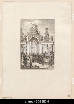 Eintrag in Den Haag von Willem V und Wilhelmina van Preussen, 1767. Introcate in Den Haag von Willem V und Wilhelmina van Preussen nach ihrer exekutierten Ehe, 1767. Die Kutsche fährt durch den auf dem Buitenhof in Den Haag gegründeten Ort. Stockfoto