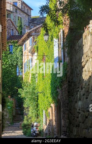 FRANKREICH. ARDECHE (07) NAVES DORF DE CARACTERE (DORF DES CHARAKTERS) STRASSE UND FASSADE Stockfoto