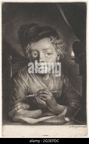 Porträt eines Mädchens, möglicherweise johna Trost. Ein Mädchen, möglicherweise Johanna Comfort (die Tochter des Künstlers) schreibt. Sie trägt einen Hut und eine Perle im Ohr. Stockfoto